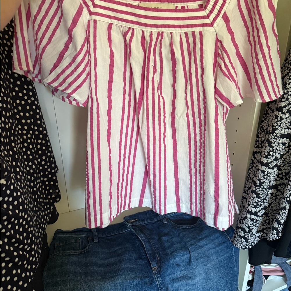 LOFT Pink and White Striped Blouse